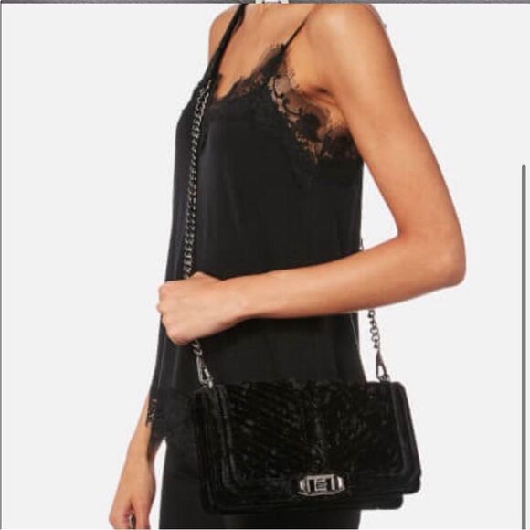 REBECCA MINKOFF | Love Chevron Black Quilted Velvet Crossbody Bag Chain Strap - Picture 1 of 11
